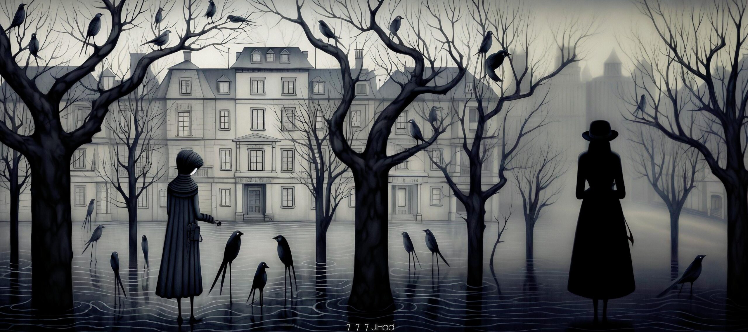 Dark, bleak graphic of goth women surrounded by dozens of crows and dead trees.